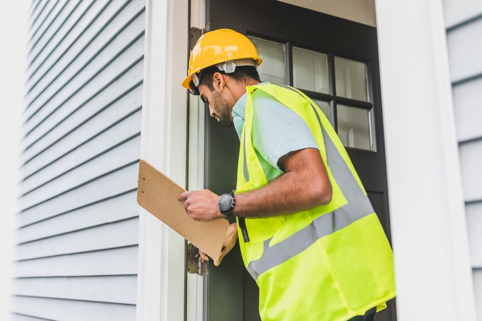 Inspector documenting property damage for an insurance claim